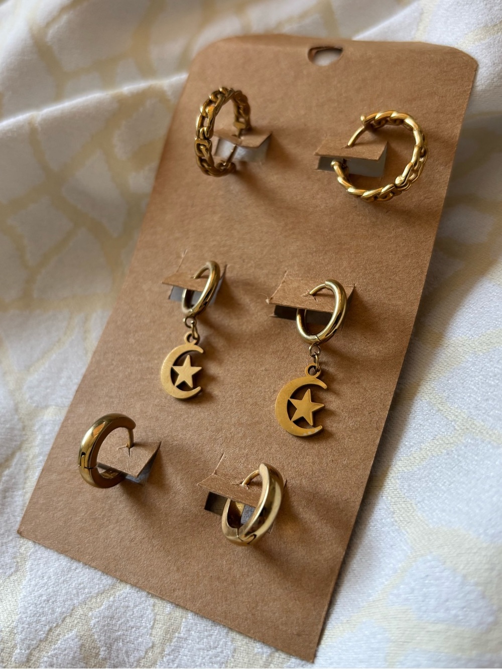 Set of 3 Surgical Steel Gold Tone Hoop Earrings with Celestial Dangle